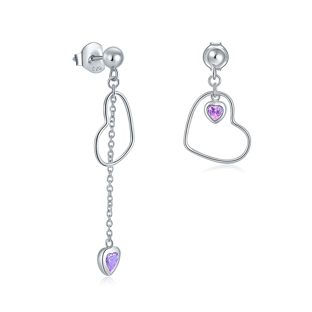 925 Sterling Silver Dangle Drop Pink Heart Earrings XFE8152-2