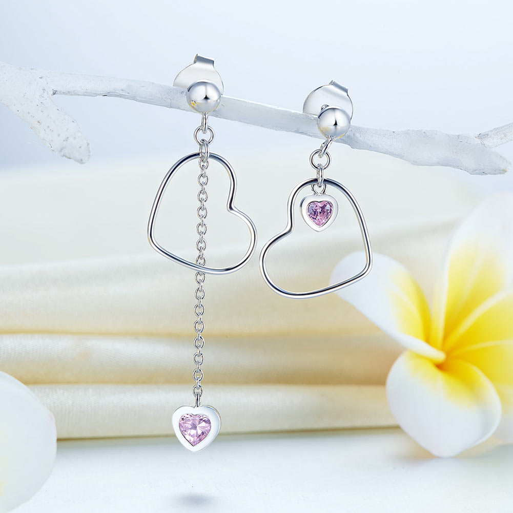 925 Sterling Silver Dangle Drop Pink Heart Earrings XFE8152-3