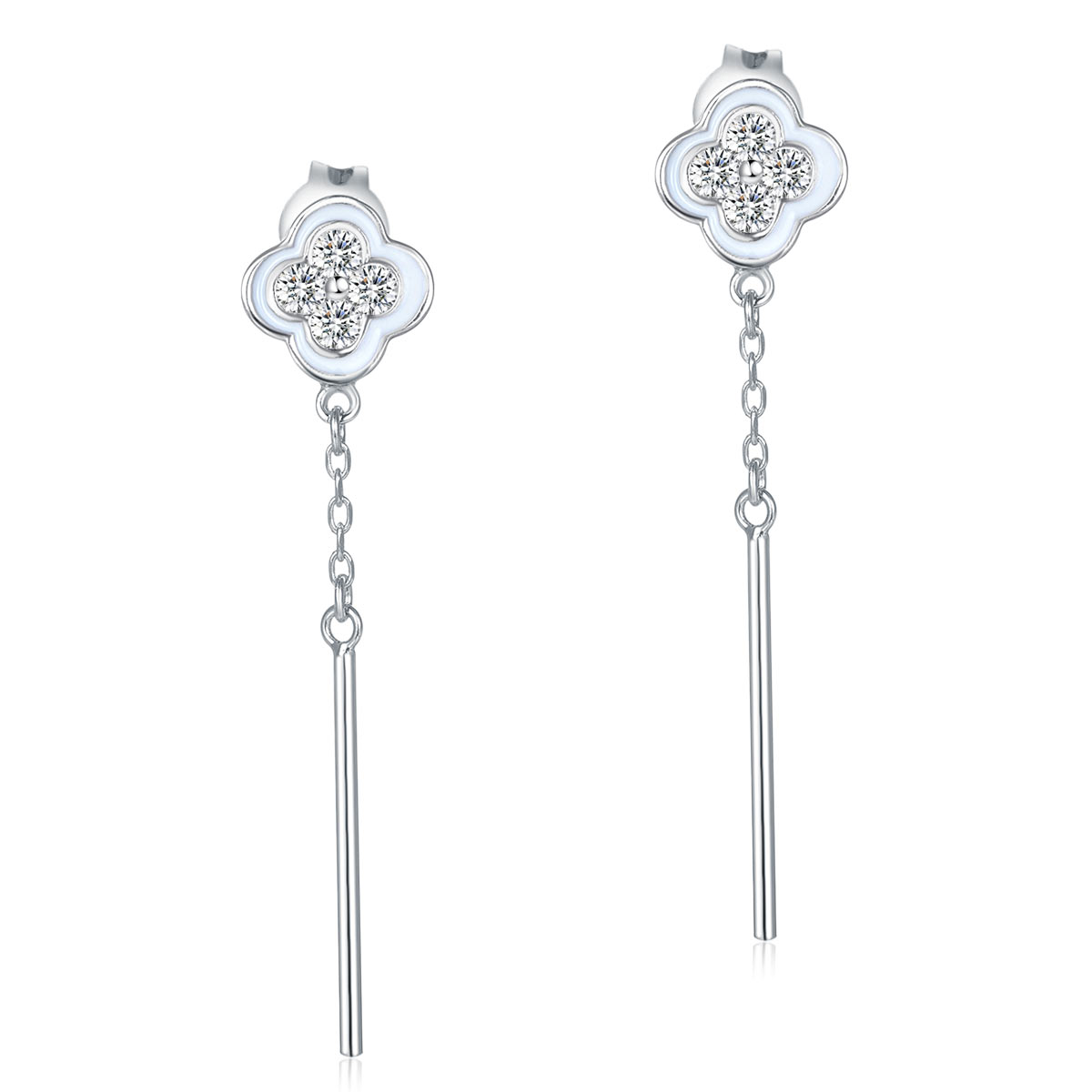 Elegant Solid 925 Sterling Silver Earrings Dangle Flowers Created Diamonds XFE8155-0