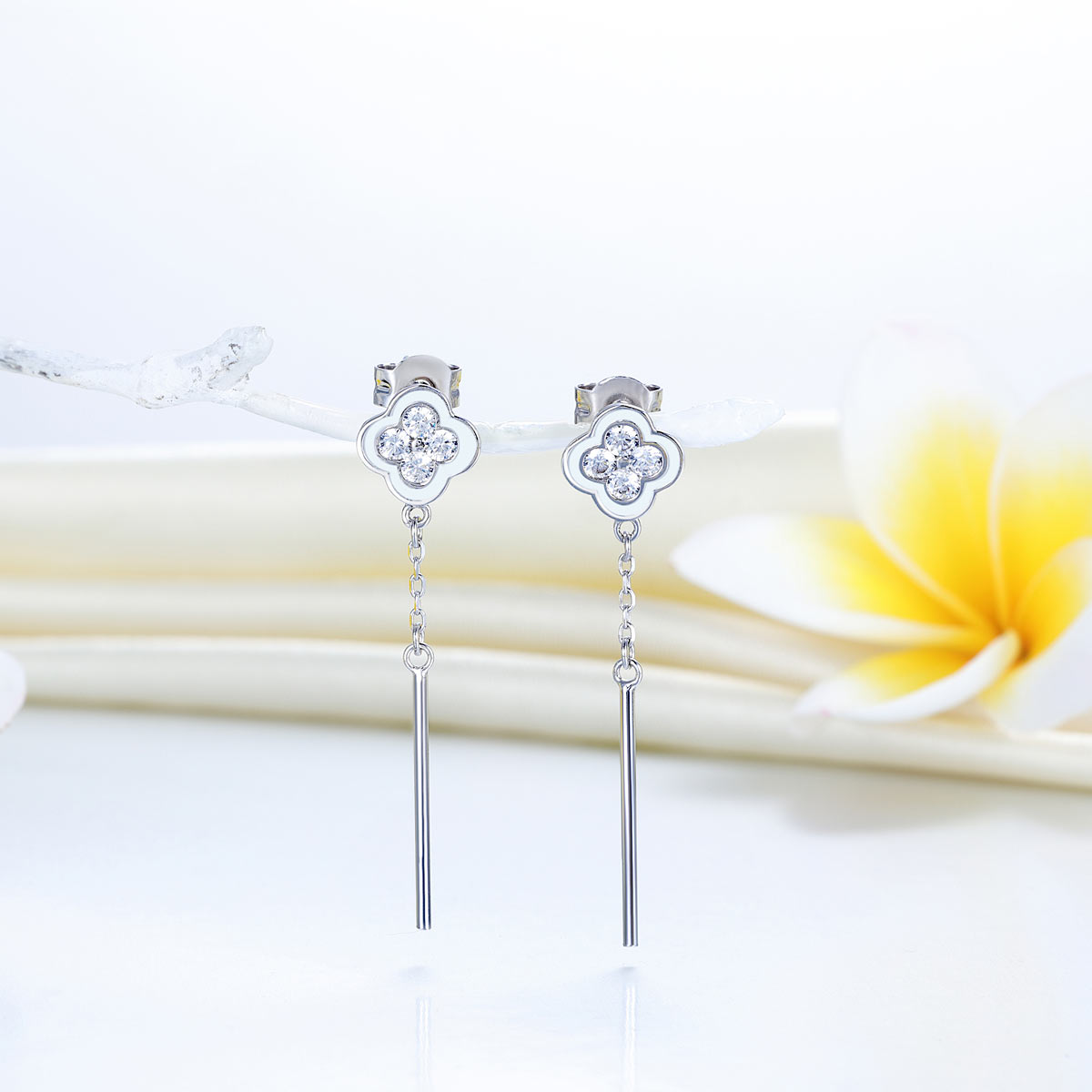 Elegant Solid 925 Sterling Silver Earrings Dangle Flowers Created Diamonds XFE8155-2