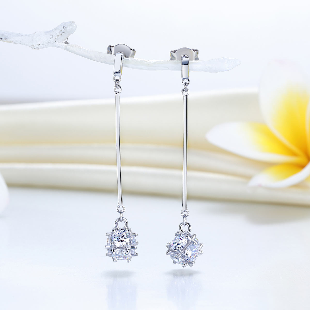 Elegant Solid 925 Sterling Silver Earrings Dangle Cube Created Diamonds-2
