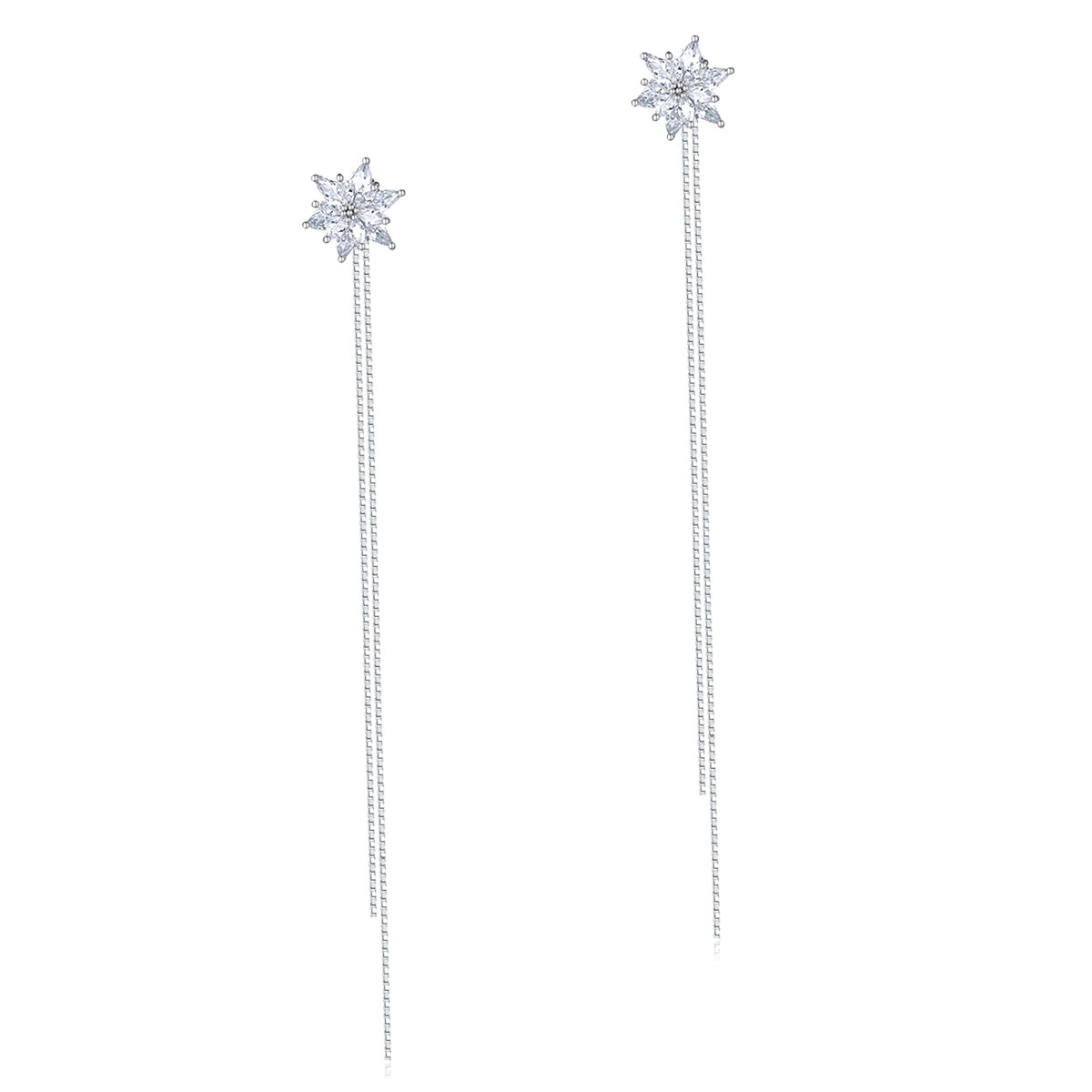 Long Elegant Solid 925 Sterling Silver Earrings Flowers Created Diamonds XFE8159-0