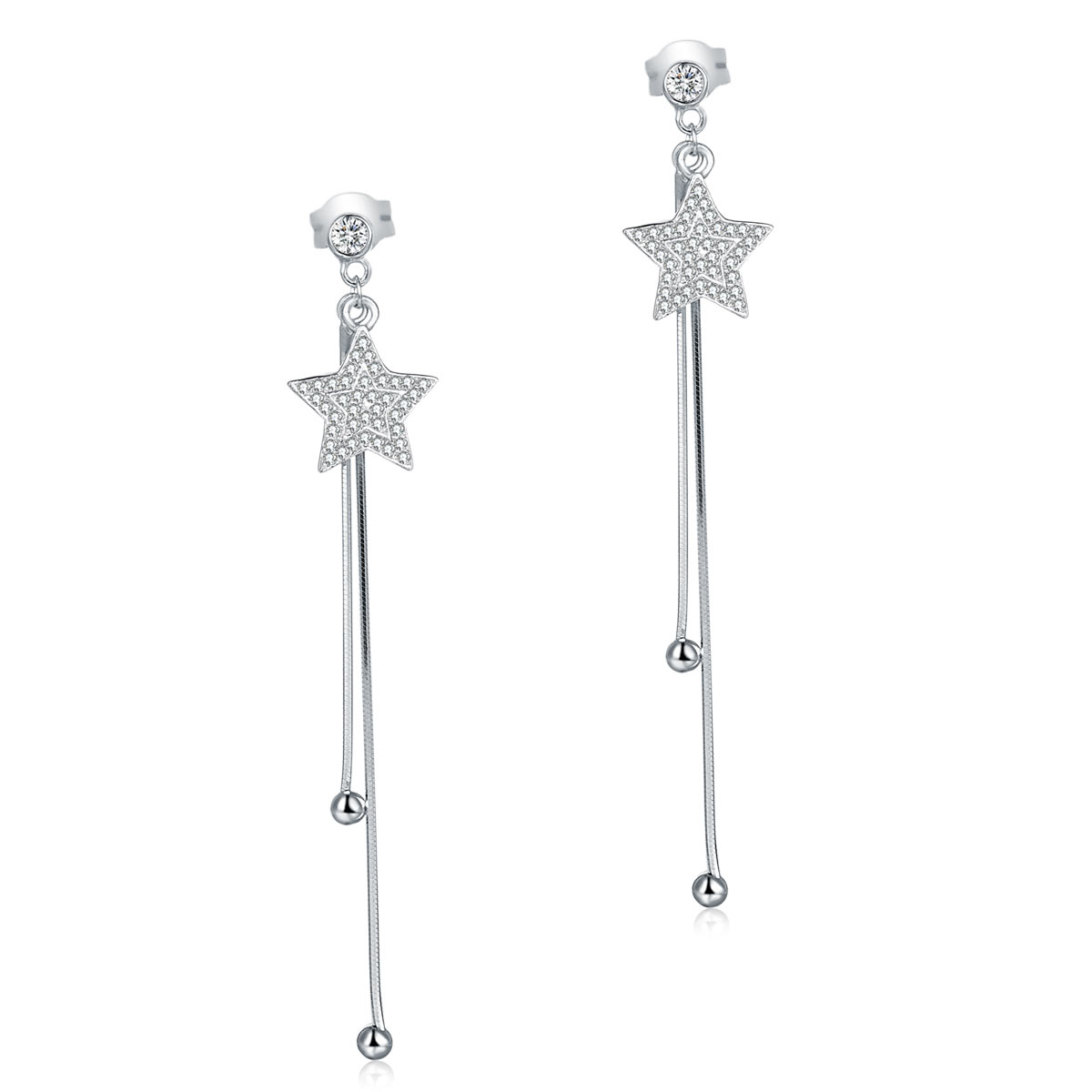 Long Elegant Solid 925 Sterling Silver Earrings Star Created Diamonds-0