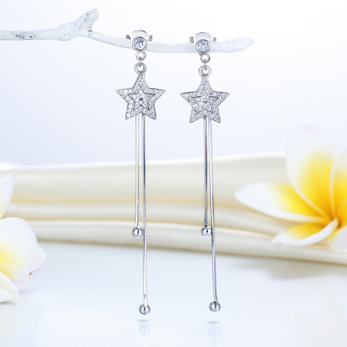 Long Elegant Solid 925 Sterling Silver Earrings Star Created Diamonds-2