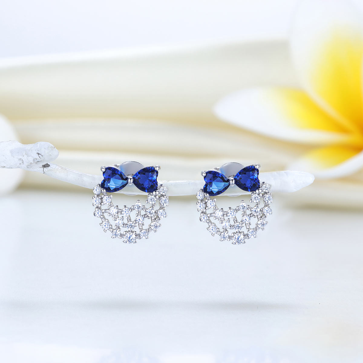 Solid 925 Sterling Silver Stud Earrings Blue Created Diamonds-1