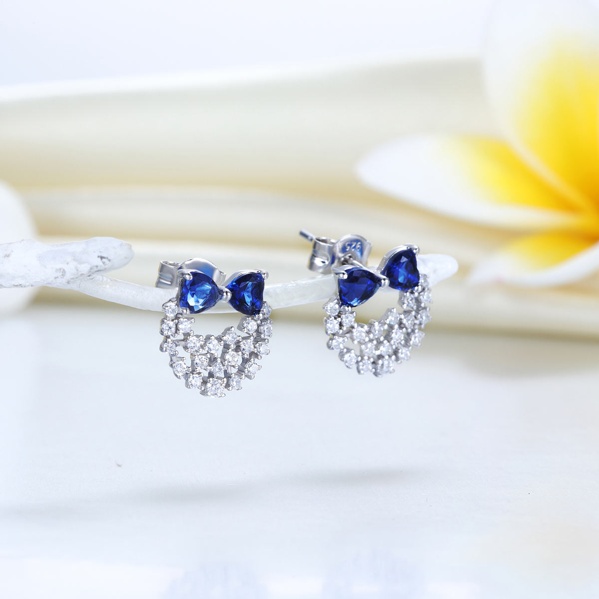 Solid 925 Sterling Silver Stud Earrings Blue Created Diamonds-2