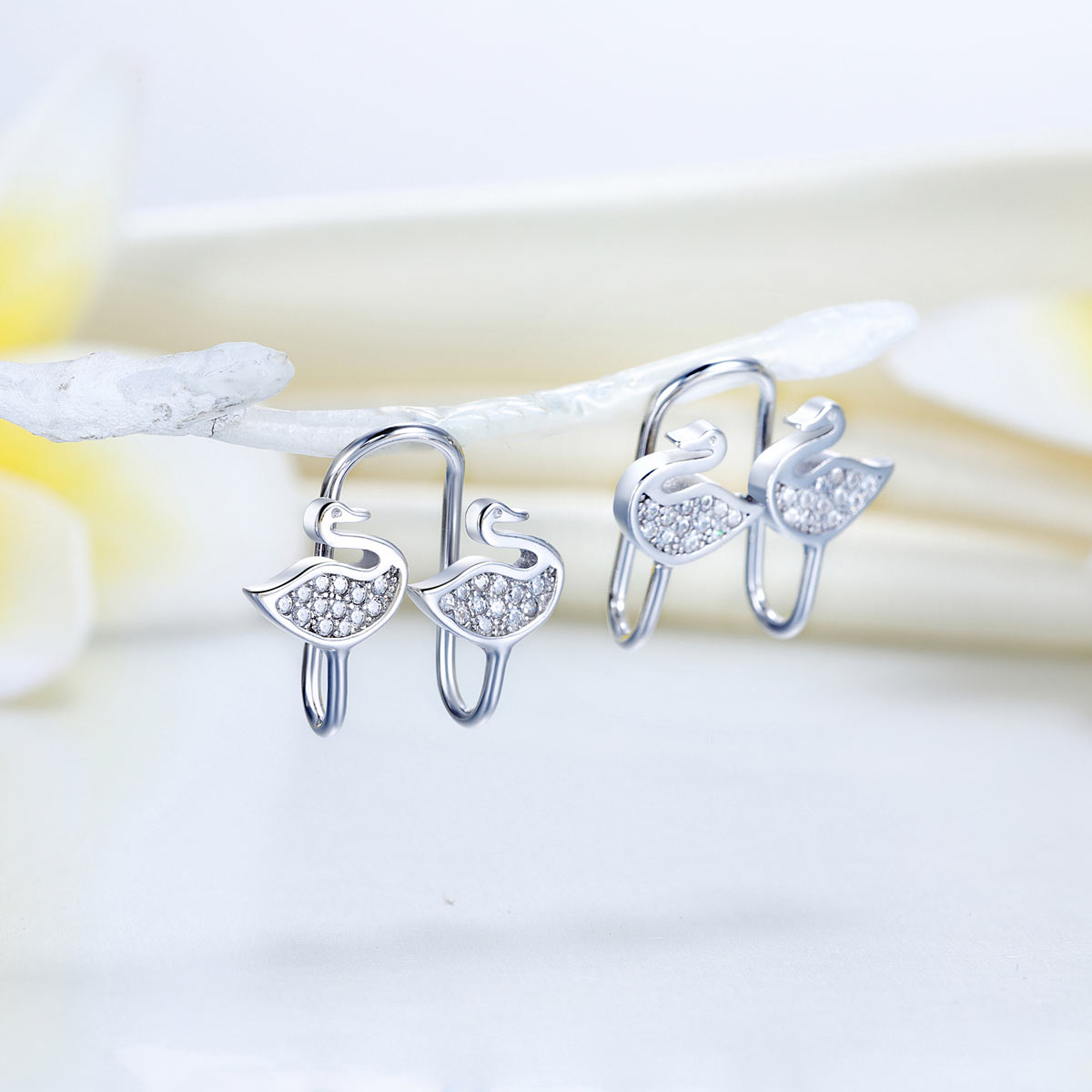 Solid 925 Sterling Silver Clip on Earrings Swan-1