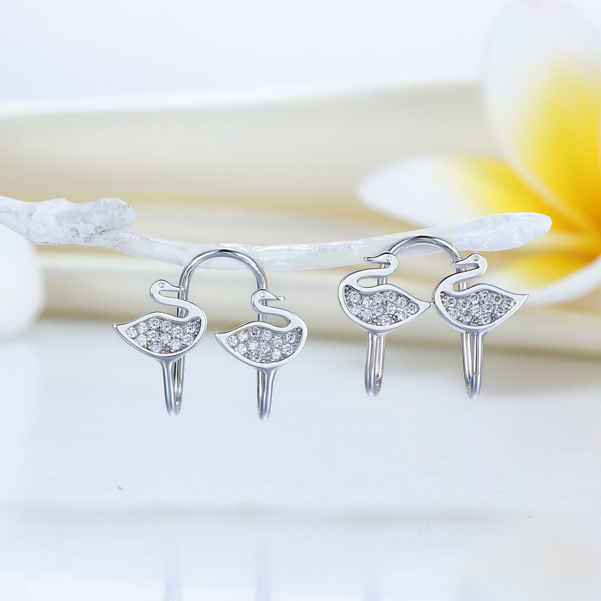 Solid 925 Sterling Silver Clip on Earrings Swan-2