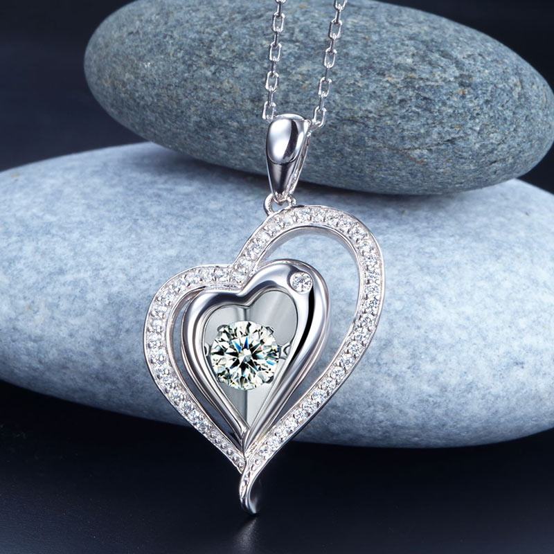 Dancing Stone Heart Pendant Necklace 925 Sterling Silver Good for Wedding Bridesmaid Gift XFN8047-3