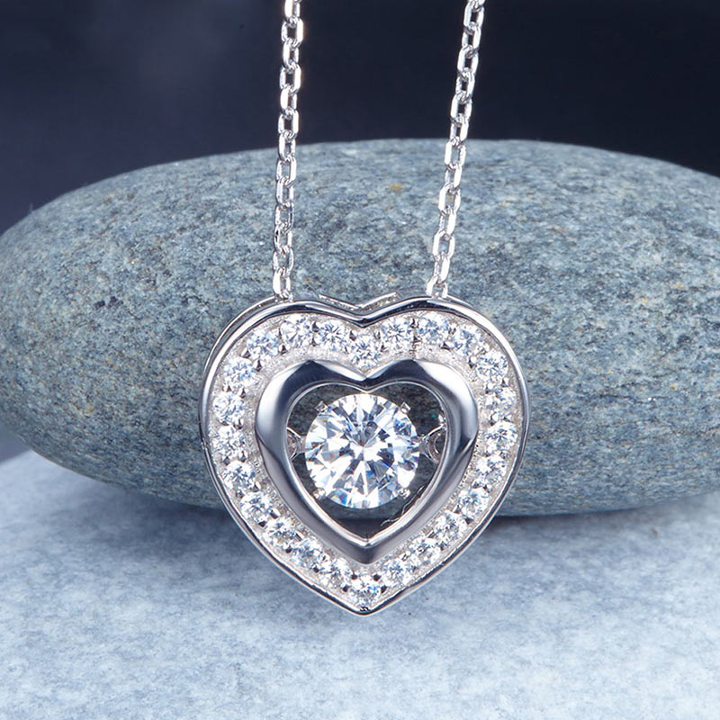 Dancing Stone Heart Pendant Necklace 925 Sterling Silver Good for Bridal Bridesmaid Gift XFN8051-3