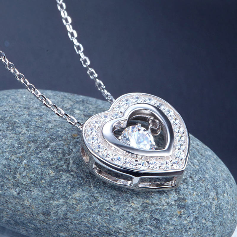 Dancing Stone Heart Pendant Necklace 925 Sterling Silver Good for Bridal Bridesmaid Gift XFN8051-4