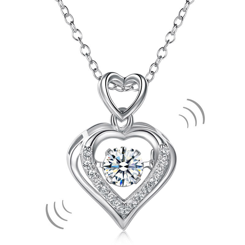 Double Heart Dancing Stone Pendant Necklace 925 Sterling Silver Good for Wedding Bridesmaid Gift XFN8079-0