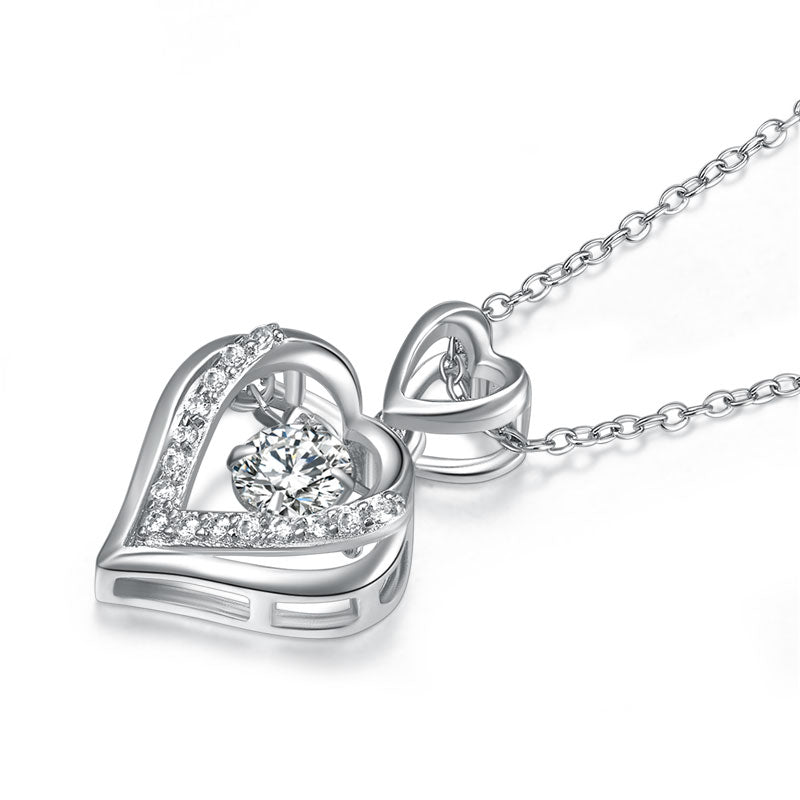 Double Heart Dancing Stone Pendant Necklace 925 Sterling Silver Good for Wedding Bridesmaid Gift XFN8079-3