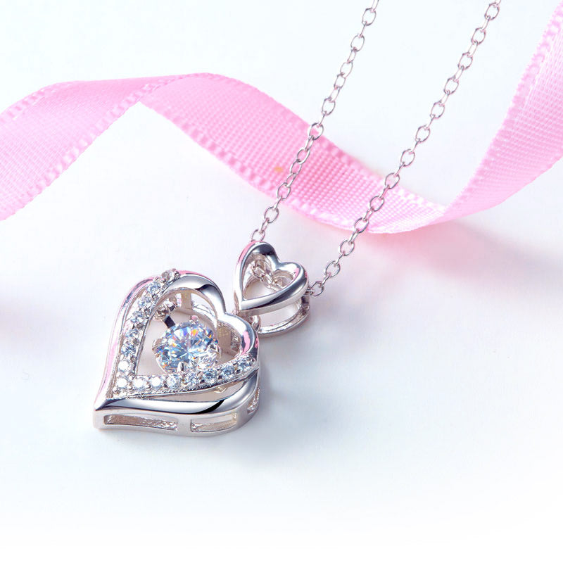 Double Heart Dancing Stone Pendant Necklace 925 Sterling Silver Good for Wedding Bridesmaid Gift XFN8079-2