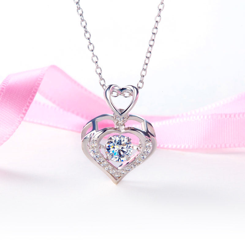 Double Heart Dancing Stone Pendant Necklace 925 Sterling Silver Good for Wedding Bridesmaid Gift XFN8079-4