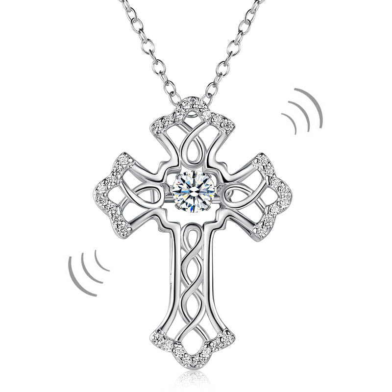 Vintage Style Cross Dancing Stone Pendant Necklace 925 Sterling Silver XFN8080-0
