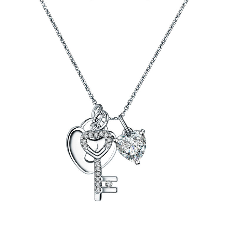Love Heart Lock Key 925 Sterling Silver Pendant Necklace 1.5 Carat Created Diamond XFN8083-0