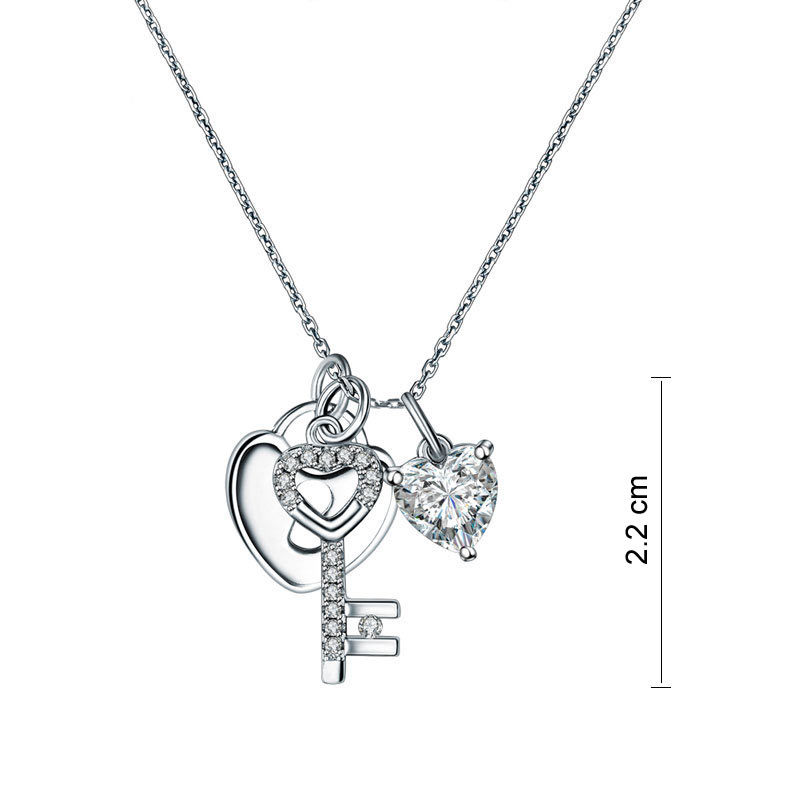 Love Heart Lock Key 925 Sterling Silver Pendant Necklace 1.5 Carat Created Diamond XFN8083-3