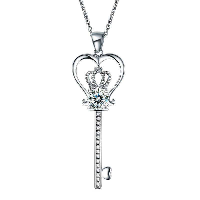 Love Heart Crown Key 925 Sterling Silver Pendant Necklace Created Diamond Jewelry 1.25 Carat XFN8085-0
