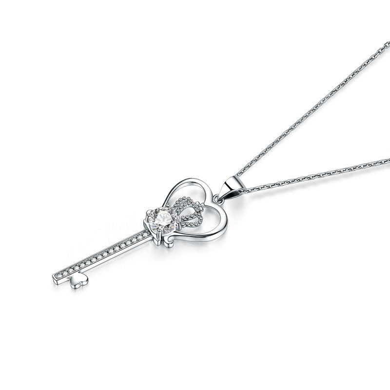 Love Heart Crown Key 925 Sterling Silver Pendant Necklace Created Diamond Jewelry 1.25 Carat XFN8085-1