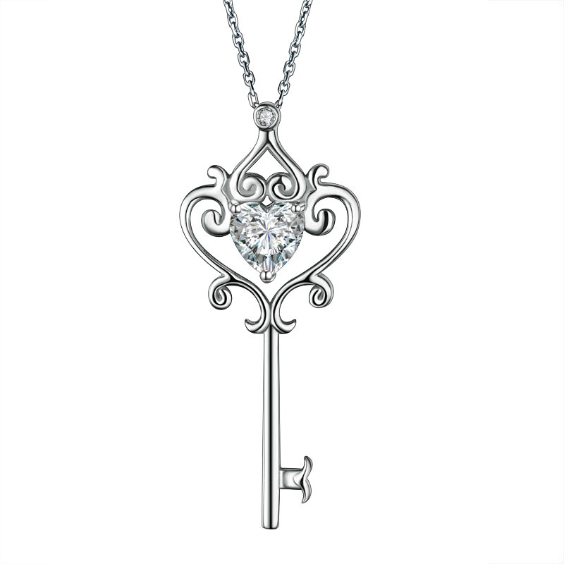 Love Heart Key 925 Sterling Silver Pendant Necklace Vintage Style 1.5 Carat Created Diamond XFN8086-0