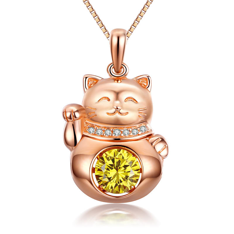 Lucky Cat Dancing Stone Pendant Necklace 925 Sterling Silver Rose Gold Plated XFN8098-0