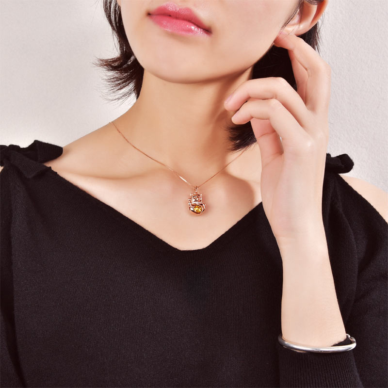 Lucky Cat Dancing Stone Pendant Necklace 925 Sterling Silver Rose Gold Plated XFN8098-2