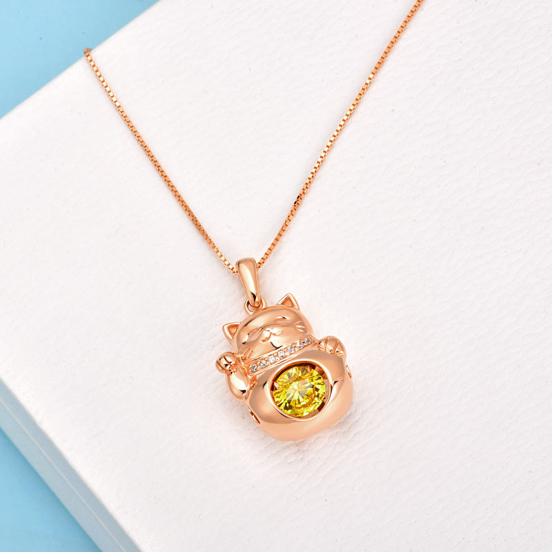 Lucky Cat Dancing Stone Pendant Necklace 925 Sterling Silver Rose Gold Plated XFN8098-3