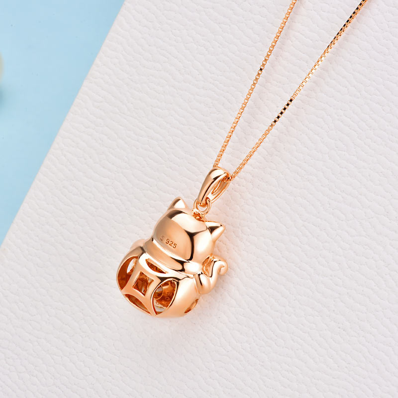Lucky Cat Dancing Stone Pendant Necklace 925 Sterling Silver Rose Gold Plated XFN8098-4