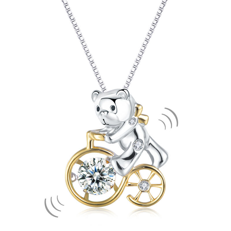 Bear Ride Bicycle Dancing Stone Pendant Necklace 925 Sterling Silver XFN8103-0