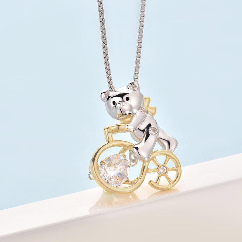 Bear Ride Bicycle Dancing Stone Pendant Necklace 925 Sterling Silver XFN8103-4