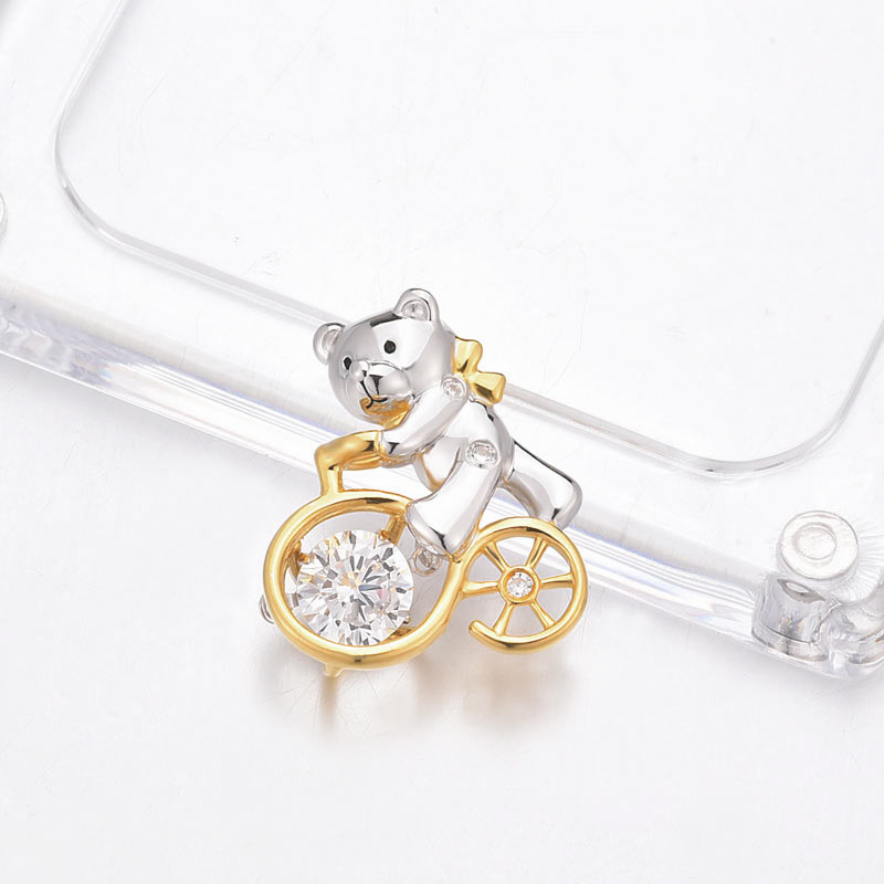 Bear Ride Bicycle Dancing Stone Pendant Necklace 925 Sterling Silver XFN8103-2