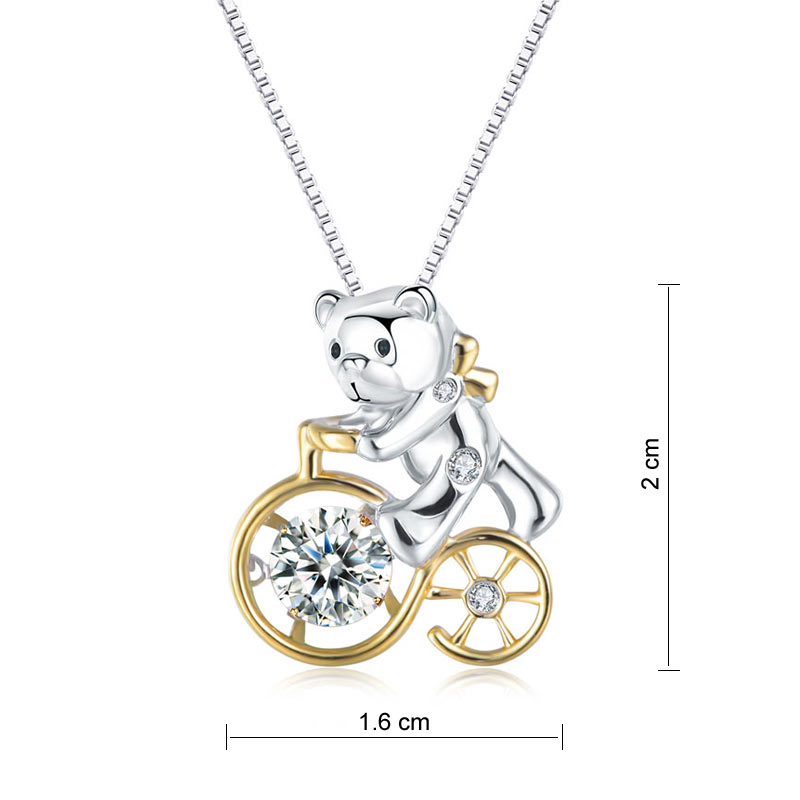 Bear Ride Bicycle Dancing Stone Pendant Necklace 925 Sterling Silver XFN8103-3