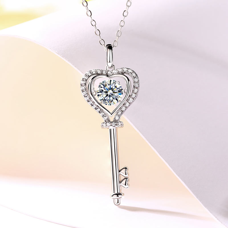1 Carat Moissanite Diamond Dancing Stone Key Necklace 925 Sterling Silver MFN8138-2