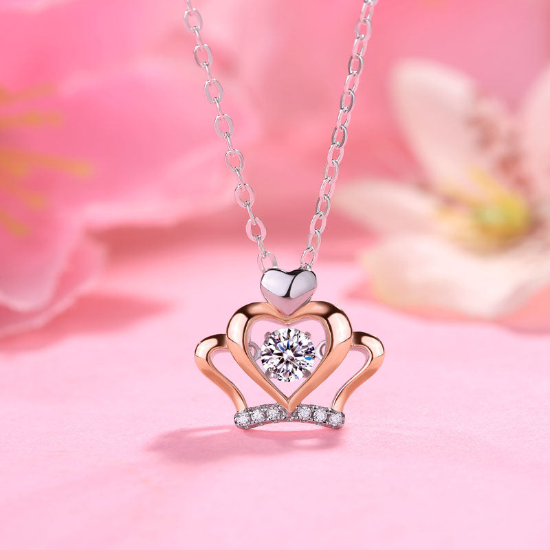 0.3 Carat Moissanite Diamond Dancing Stone Heart Crown Necklace 925 Sterling Silver MFN8145-2