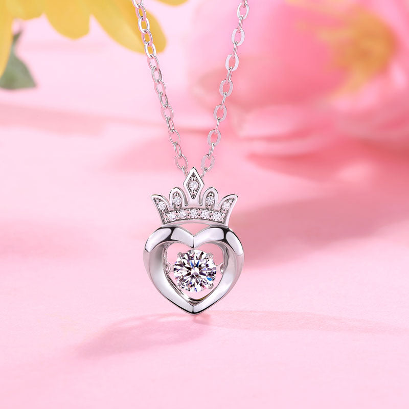 0.4 Carat Moissanite Diamond Dancing Stone Heart Crown Necklace 925 Sterling Silver MFN8147-3