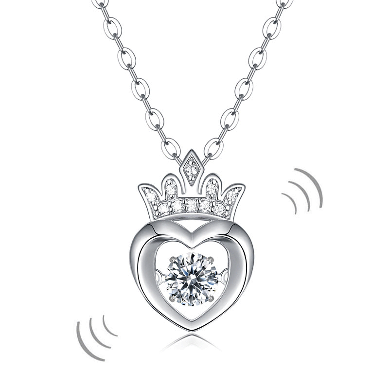 0.4 Carat Moissanite Diamond Dancing Stone Heart Crown Necklace 925 Sterling Silver MFN8147-0