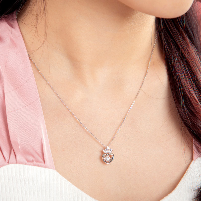 0.4 Carat Moissanite Diamond Dancing Stone Heart Crown Necklace 925 Sterling Silver MFN8147-1