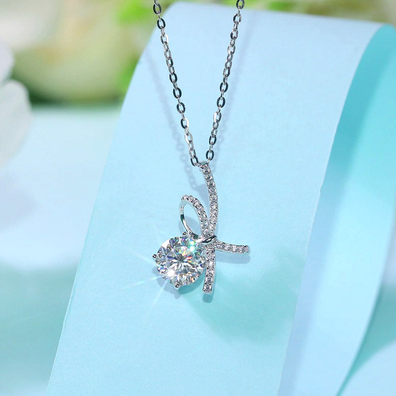 1 Carat Moissanite Diamond Ribbon Pendant Necklace 925 Sterling Silver MFN8155-3