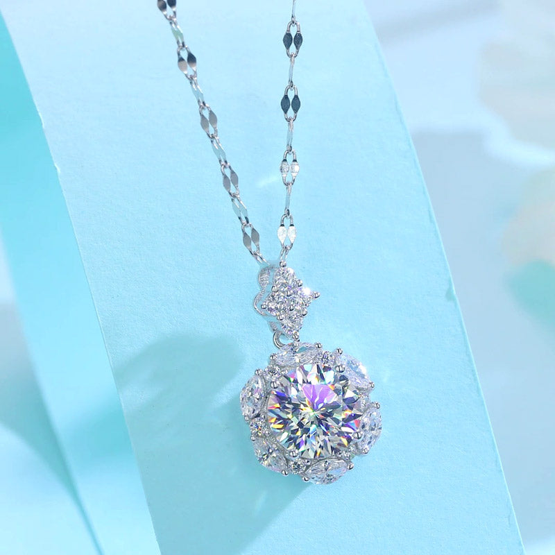 2 Carats Moissanite Diamond Flower Pendant Necklace 925 Sterling Silver MFN8156-2