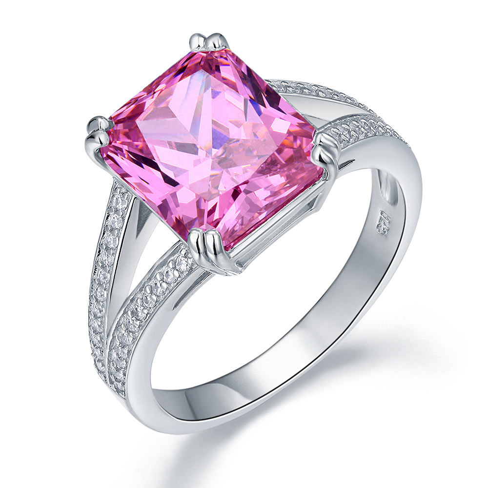 925 Sterling Silver Luxury Ring 6 Carat Fancy Pink Created Diamond Radiant Cut XFR8153-0