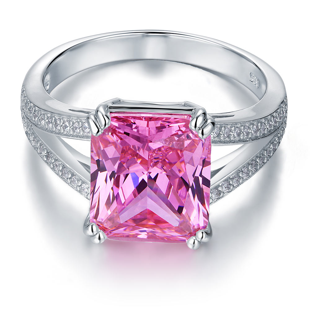 925 Sterling Silver Luxury Ring 6 Carat Fancy Pink Created Diamond Radiant Cut XFR8153-2