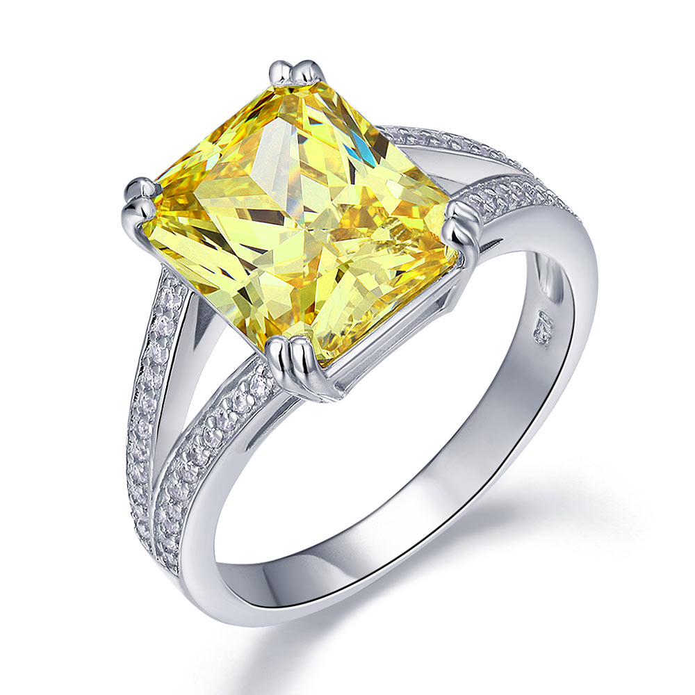 925 Sterling Silver Luxury Ring 6 Carat Fancy Yellow Created Diamond Radiant Cut XFR8154-0