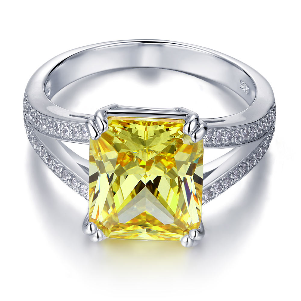 925 Sterling Silver Luxury Ring 6 Carat Fancy Yellow Created Diamond Radiant Cut XFR8154-2