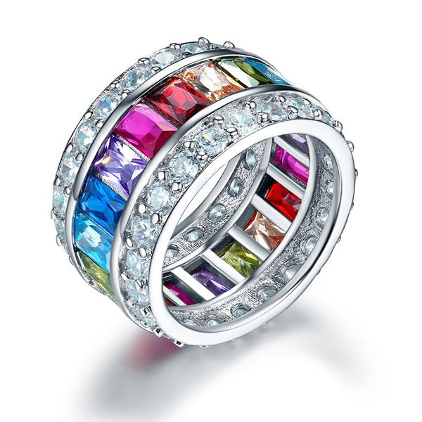 Multi-Color Created Topaz Band Wedding Anniversary 925 Sterling Silver Ring XFR8241-0