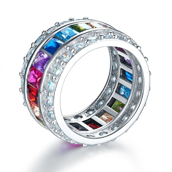 Multi-Color Created Topaz Band Wedding Anniversary 925 Sterling Silver Ring XFR8241-3