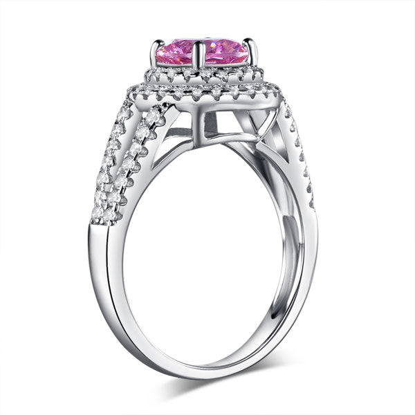 Double Halo 925 Sterling Silver Wedding Engagement Ring 1.25 Ct Fancy Pink Created Diamond Promise Anniversary XFR8252-3