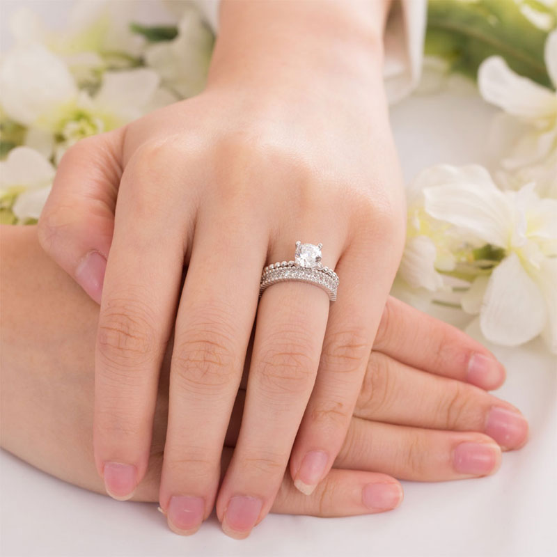 Solid 925 Sterling Silver 2-Pcs Wedding Engagement Ring Set 1 Ct Created Diamante Jewelry XFR8276-2