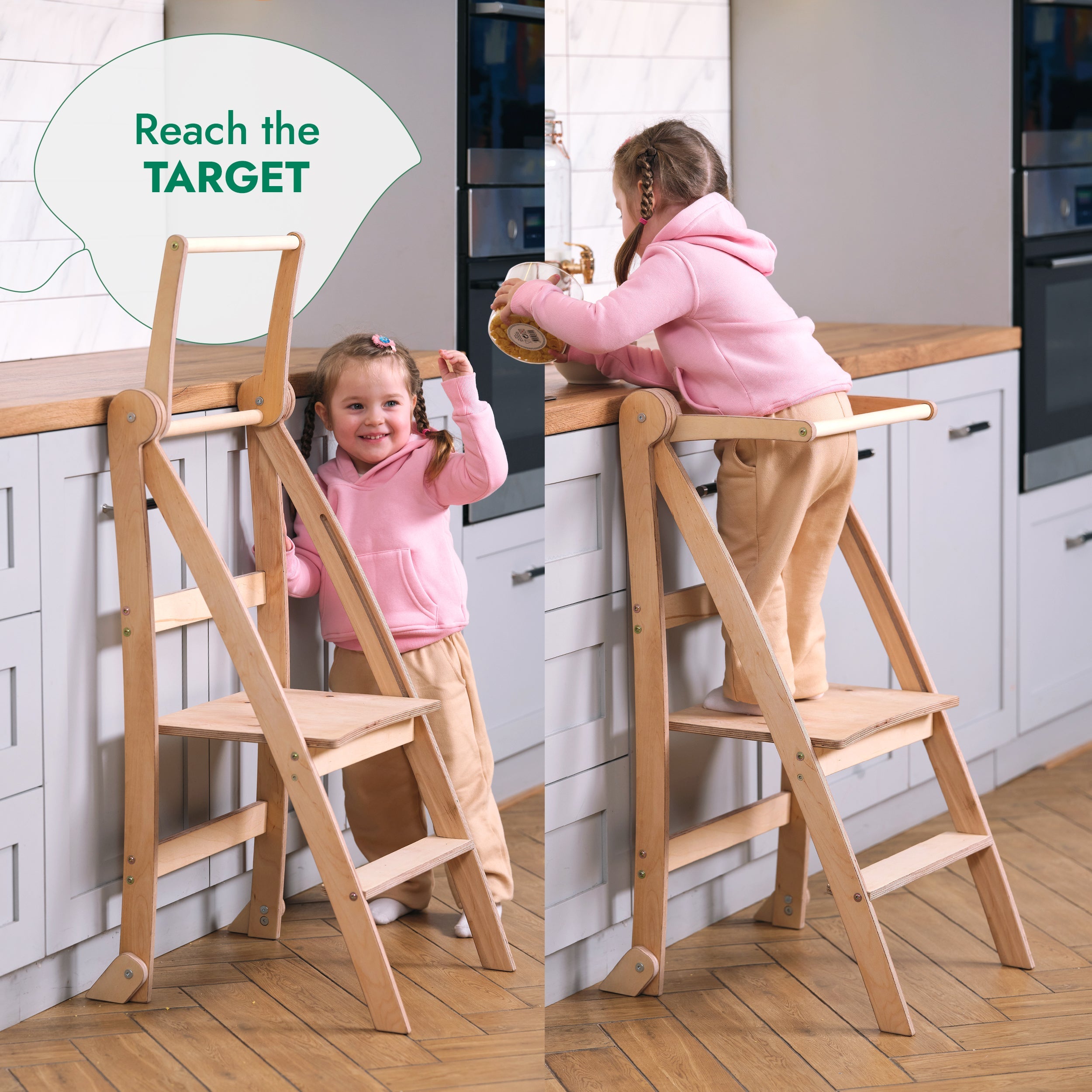 Folding Growing Chair – Montessori Step Stool with Safety Rails for Toddlers – Beige-4