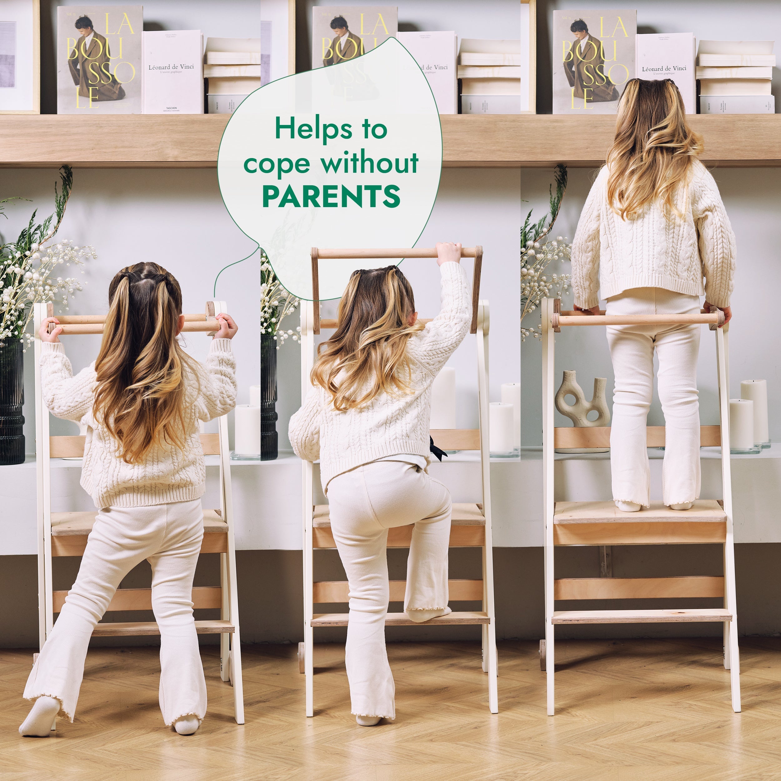 Folding Growing Chair – Montessori Step Stool with Safety Rails for Toddlers – Beige-2